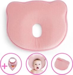 Baby IQ Orthopedisch Baby Hoofdkussen – Traagschuim – Tegen Plat Achterhoofd – Kraamcadeau –Roze – Incl Bandana Slabber