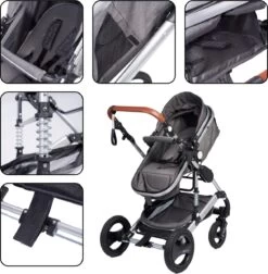Bronea EXQUISE Luxe Multi-functionele Kinderwagen 3 In 1 | Zwart / Silver | Incl. MATRAS, Buggy, Autostoel, Luiertas, Regenhoes, Voetenwarmer, Muggen Net & Zonneklep -Winkel voor babyproducten 1178x1200 7