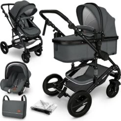 KIDUKU- 3 In 1 Combi-kinderwagen- Antraciet/zwart Buggy Incl. Autostoeltje-regenhoes- Inklapbaar