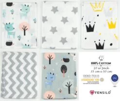 Spuugdoekjes – Monddoekjes – 10 Pack - Flanellen Doeken - Monddoekje 35x50cm – 100% Katoen – Fensilo – Spuugdoek Unisex – Wit – Dieren - Grijs - Flanellen Luiers -Winkel voor babyproducten 1200x1011 1