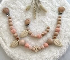 Luxe Speenkoorden - Set Wagenspanner En Speenkoord - Meisje - Kraamcadeau - Baby Shower - Roze - Perzik Kleur - Blad