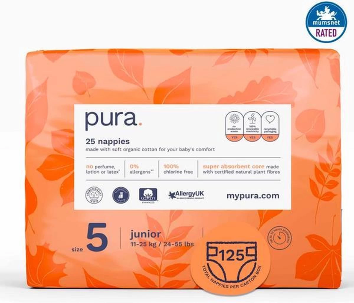 Pura Eco-Friendly luiers Maat 5 (11-25kg), 125 luiers Pura Eco-Friendly Luiers Maat 5 (11-25kg), 125 Luiers -Winkel voor babyproducten