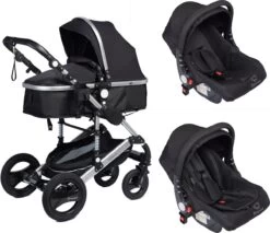 Bronea EXQUISE Luxe Multi-functionele Kinderwagen 3 In 1 | Zwart / Silver | Incl. MATRAS, Buggy, Autostoel, Luiertas, Regenhoes, Voetenwarmer, Muggen Net & Zonneklep -Winkel voor babyproducten 1200x1036