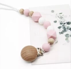 Speenkoord - Baby - Siliconen & Hout Kralen - BPA Vrij - Jongen - Meisje - Licht Roze
