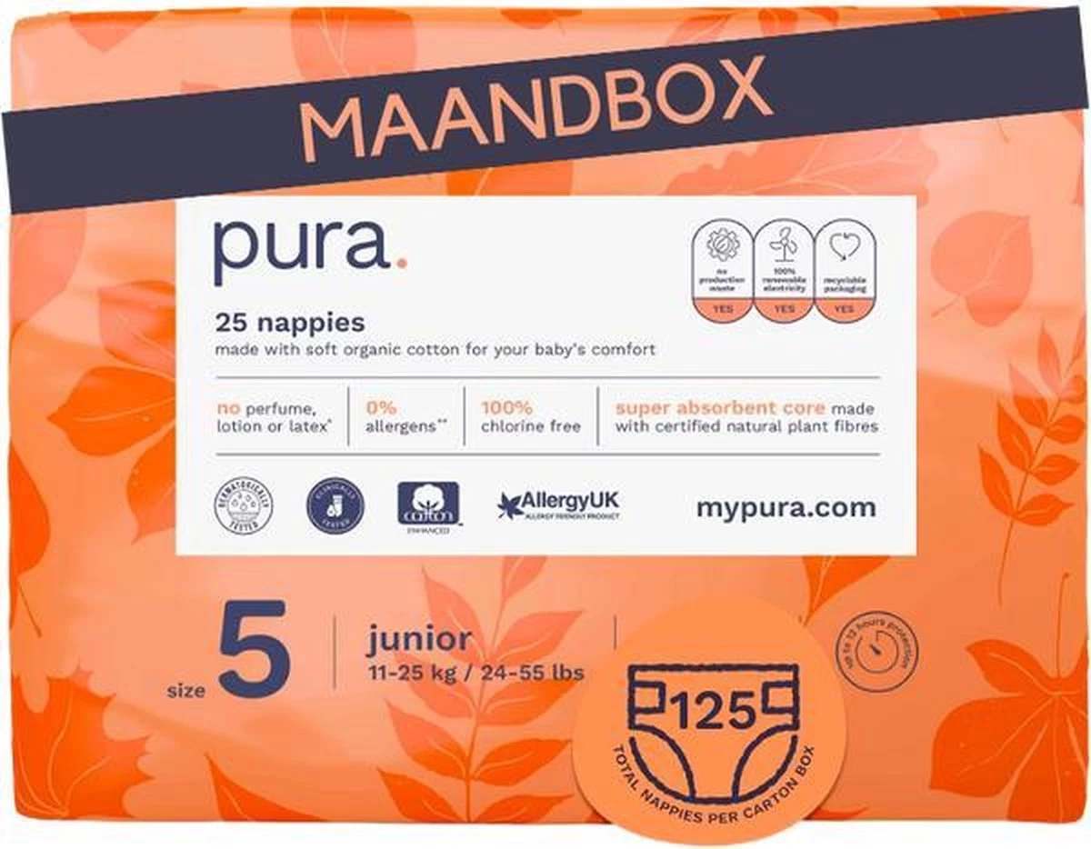 Pura Eco-Friendly luiers Maat 5 (11-25kg), 125 luiers Pura Eco-Friendly Luiers Maat 5 (11-25kg), 125 Luiers -Winkel voor babyproducten
