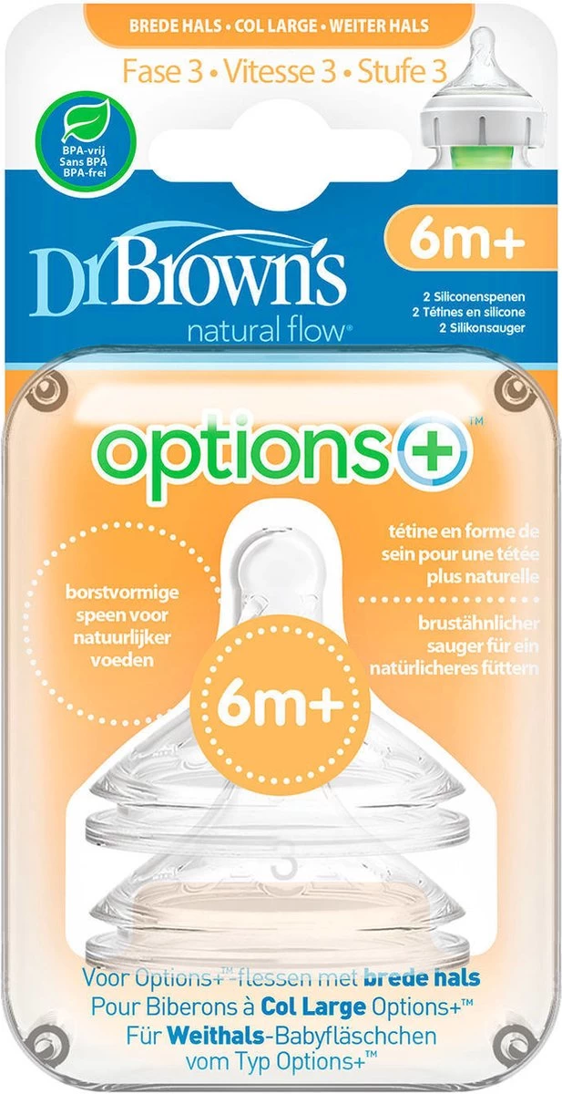 Dr. Brown's Options+ Anti-colic Fles Speen - Fase 3 - Voor Brede Halsfles - 2 Stuks Dr. Brown's Options+ Anti-colic Fles Speen - Fase 3 - Voor Brede Halsfles - 2 Stuks -Winkel voor babyproducten