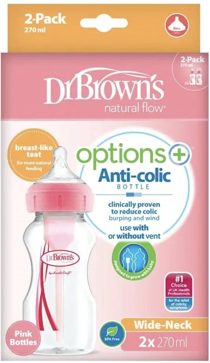 Dr. Brown's Options+ Anti-colic Bottle Brede Hals Fles - 270 ml - Duopack Roze Dr. Brown's Options+ Anti-colic Bottle Brede Hals Fles - 270 Ml - Duopack Roze -Winkel voor babyproducten 696x1200 1