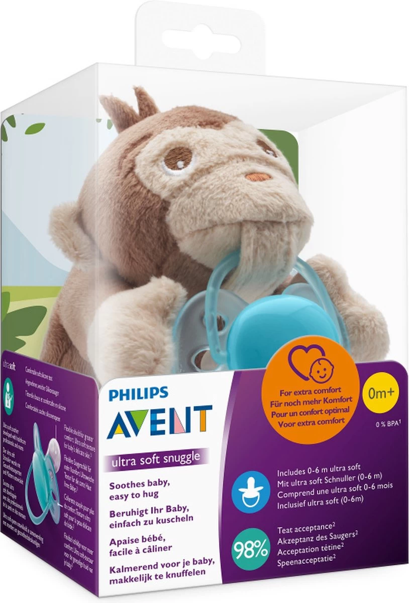 Philips Avent Snuggle Knuffelspeen - 0-6 Maanden - Aapje Philips Avent Snuggle Knuffelspeen - 0-6 Maanden - Aapje -Winkel voor babyproducten