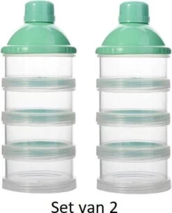 Merkloos Melkpoeder Doseerdoosje - Set Van 2 - BPA Vrij - Groen - 4 Lagen -Melkpoeder Toren - Babypoeder Bewaarbakje - Reisbox - Dispenser - Poedertoren